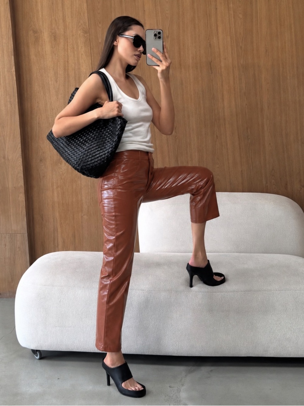 Wilfred Tempest Patent Vegan Leather Pants Brown Straight Leg High Rise 0